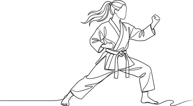 Line drawing of a female martial artist in a striking pose with a ponytail and uniform.