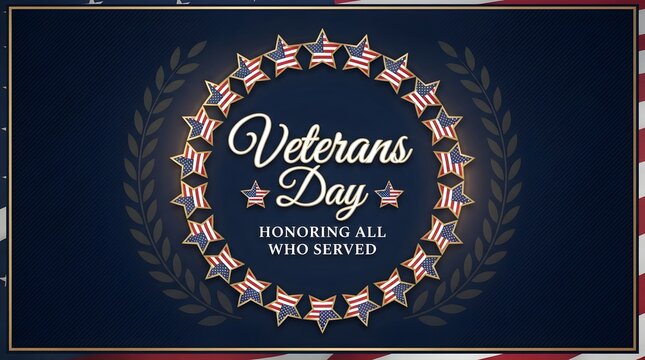 Veterans Day Emblem with American Flag, Stars and Honor All Who Served Message on Blue Background