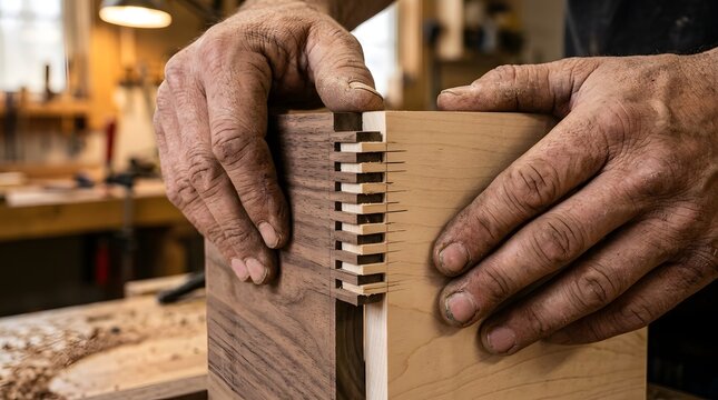 Detailed view of experienced hands assembling a finger joint between two woods in a rustic carpentry workshop.