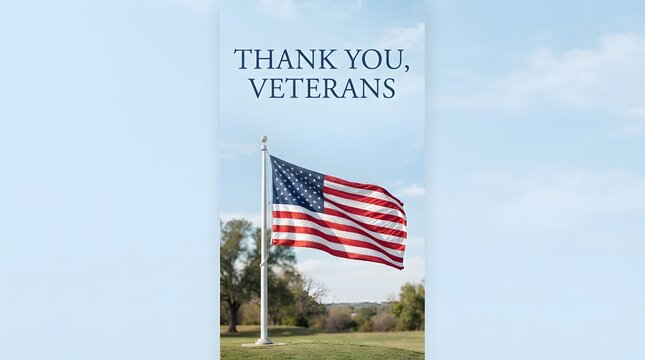 Thank You Veterans Day Patriotic Poster with American Flag Flying Outside Against Blue Sky