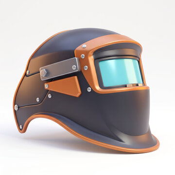 Welding helmet with teal visor lens and orange leather trim on soft light background, welder protective mask for metalwork safety, 3D render