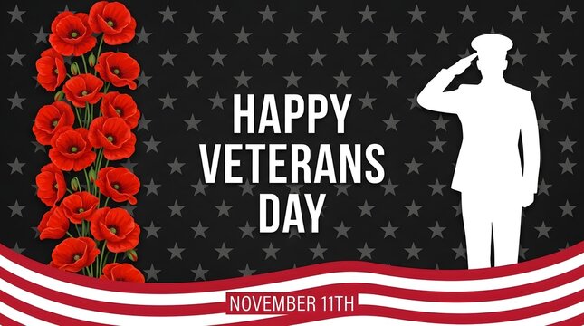 Happy Veterans Day Poster with Saluting Soldier, Red Poppies, American Flag and November 11 Message