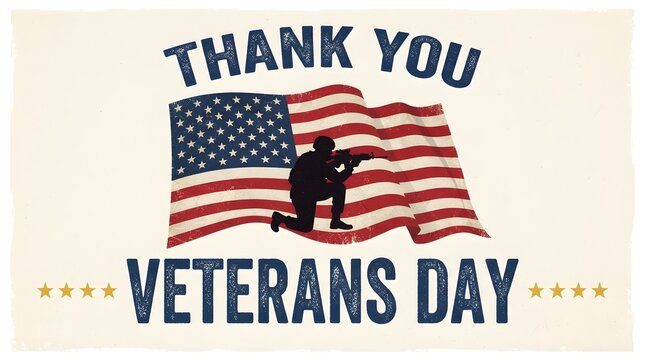 Thank You Veterans Day Patriotic Greeting Card with American Flag and Military Silhouette