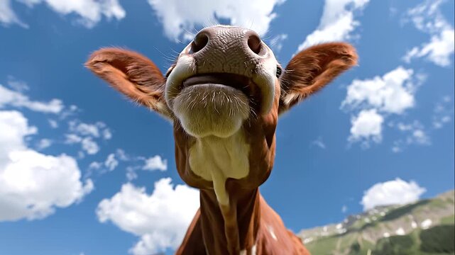 Alpine cow making a silly face with its tongue out, photographed from a very low angle with wide-angle distortion, cow positioned slightly right with a large expressive face, playful farm animal portr