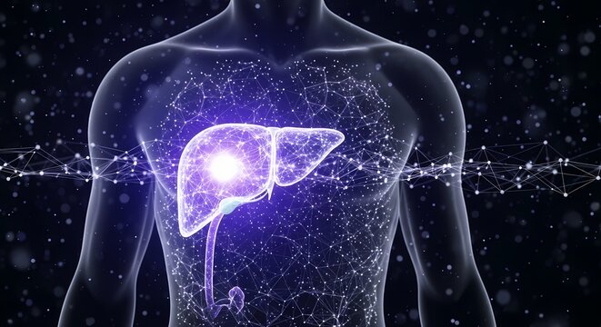 Human liver silhouette glowing with network nodes in dark anatomical space with cinematic purple bokeh for medical technology marketing