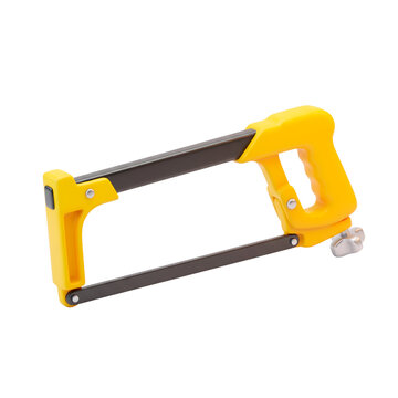 Yellow hacksaw with black frame and steel blade on white background, hand saw for cutting metal and pipes, 3D render