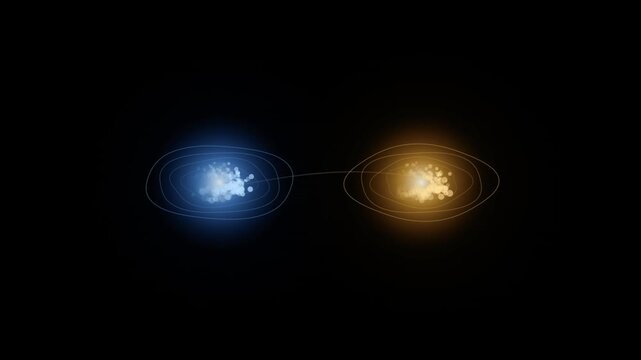 Blue and golden harmonic energy orbs glowing together in a dark space