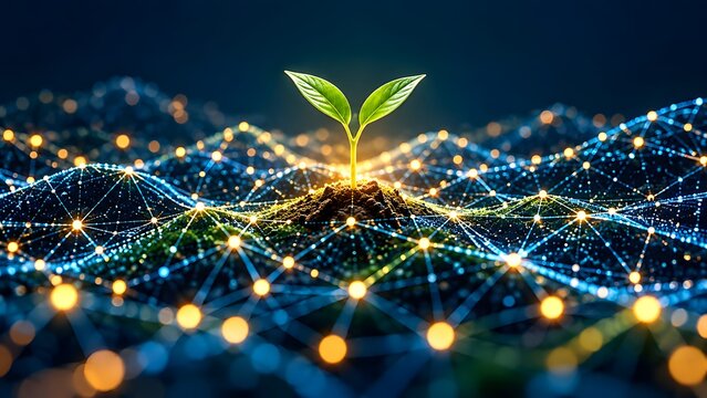 Digital seedling growing from a glowing technology network