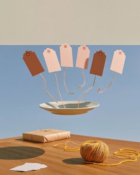 Blank gift tags floating in a line above a saucer, featuring fibrous kraft paper and jute twine for a seasonal mockup with copy space