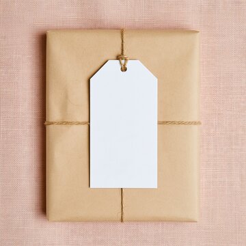 Blank gift tag on a kraft paper parcel with jute twine, featuring a clean minimal texture on linen cloth for mockup and copy space