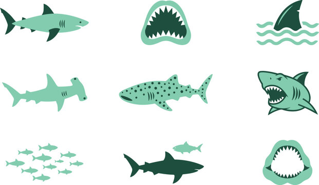 Minimalist Shark Silhouette and Emblem Icon Set Featuring Great White Sharks, Hammerheads, Fin Waves, and Open Jaws for Surf and Ocean Branding