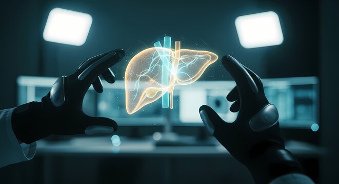 Human liver hologram manipulated by haptic gloves in a dark medical laboratory with cinematic lighting for hepatology healthcare marketing