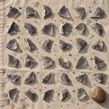 Paleolithic flint flakes and a hammerstone arranged on a coarse canvas cloth, featuring sharp edges and waxy textures for archaeology and history