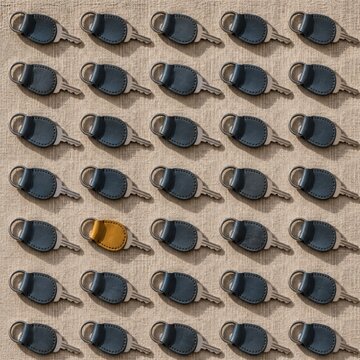 Slate blue leather key fobs arranged in a geometric pattern on oat linen, with one mustard accent for mortgage and loan concepts