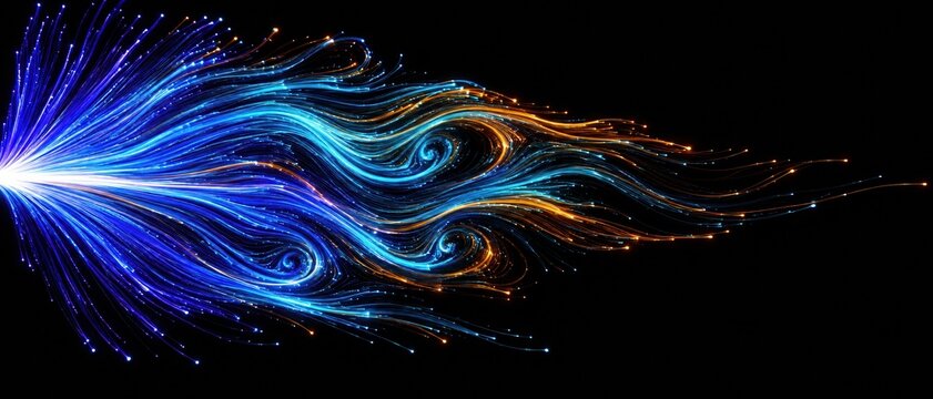 Luminous fibre optic light strands erupting in a fluid burst of indigo, cyan and orange, featuring glowing streaks and copy space for a banner
