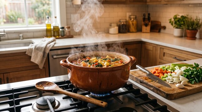 Steaming hot vegetable soup simmering in a large ceramic pot on a modern gas stove in domestic kitchen