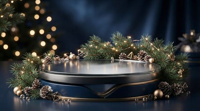 Luxury Modern Circular Podium for Product Display Surrounded by Festive Christmas Decorations, Pine Branches, and Golden Ornaments on Dark Blue Background with Elegant Glowing Bokeh Lights