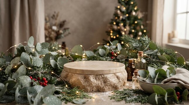 Natural Stone Podium for Spa Product Display Surrounded by Eucalyptus Leaves Pine Branches and Festive Winter Fairy Lights with Blurred Christmas Tree Background and Apothecary Glass Bottles
