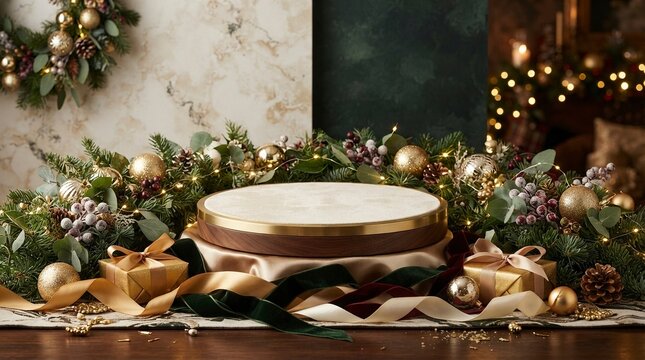 Elegant wooden and gold round podium for Christmas subscription box display, surrounded by festive evergreen garlands, golden ornaments, ribbons, and gift boxes in a luxury holiday interior.