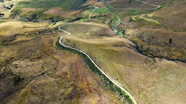 Top-down drone footage shows a pale dirt road curving through a broad expanse of mottled green and brown highland vegetation. The aerial landscape is in the Andes of Ecuador, with low ground cover and