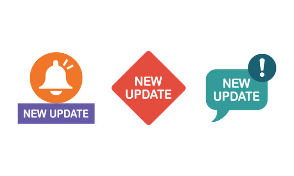 Set of modern 'new update' notification badges and icons featuring bell alert and exclamation mark for announcements.