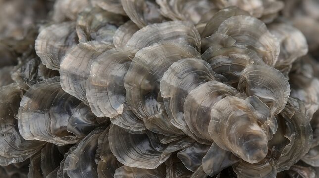 Cluster of dark translucent oyster sea shell layers texture background