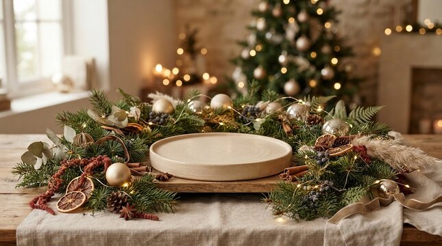 Minimalist Ceramic Product Podium Surrounded by Festive Christmas Wreath with Dried Oranges, Cinnamon, Pine Needles, and Fairy Lights on a Rustic Wooden Table with Blurred Holiday Background