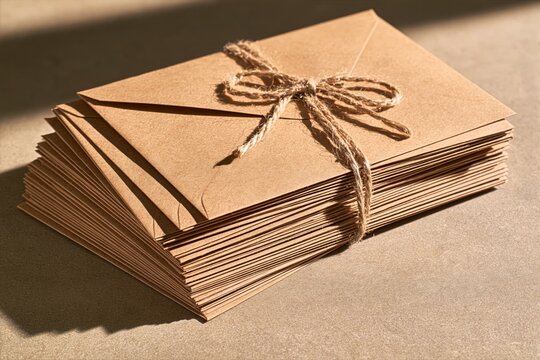 Stack of Kraft Envelopes Tied with Natural Twine