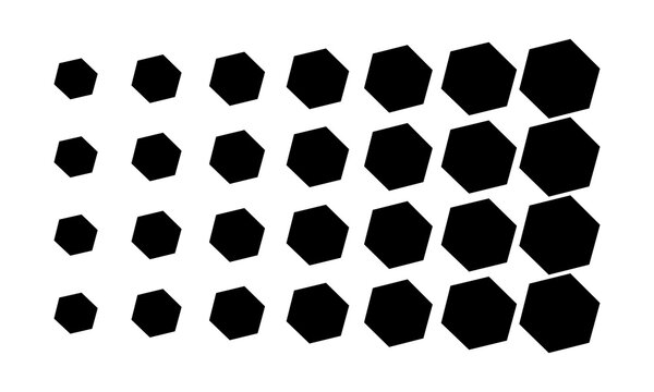Grid of black hexagons in ascending size from small to large for dynamic background and abstract design elements.