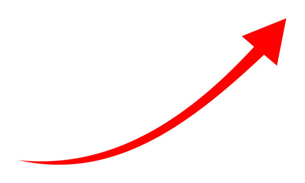 Red upward curving arrow indicating progress success and growth against a plain white background for business concepts.