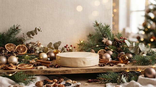 Minimalist Round Ceramic Podium for Tea Product Display on Rustic Wooden Table with Winter Botanicals, Pine Branches, Cinnamon, and Festive Christmas Ornaments Decoration Background