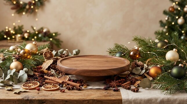 Empty Round Wooden Podium for Tea Product Display Surrounded by Christmas Botanicals, Dried Oranges, Cinnamon Sticks, and Festive Ornaments with Fairy Lights on a Rustic Table Background