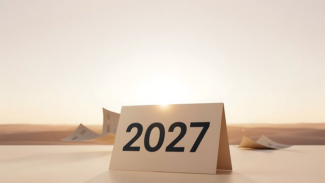 A white desk calendar showing the year 2027, placed on a smooth surface with scattered paper sheets against a warm, glowing desert sunset background