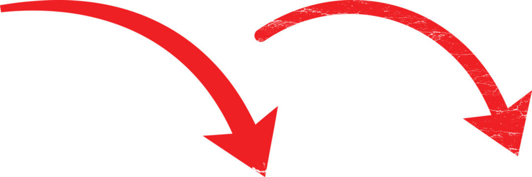 Two vibrant red curved arrows pointing downwards indicating direction decline or negative movement on a white background