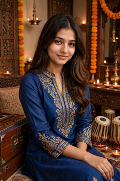 Woman in blue silk kurta with harmonium and tabla for Diwali