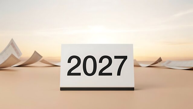 A white desk calendar with the year 2027 printed on it, set against a soft, hazy sunset background, with scattered paper, sheets on a, neutral surface