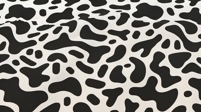 Tileable cow print pattern with bold black abstract spots on a white background, flat 2D graphic design, smooth organic shapes, uniform fill color, seamless repeating pattern, animal print texture and