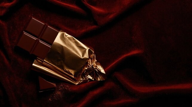 Dark chocolate bar in crinkled gold foil on deep burgundy velvet, a glossy luxury treat with a snapped piece for holiday campaigns and copy space