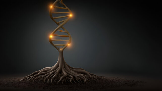 Biological foundation with DNA structure and tree roots on dark background