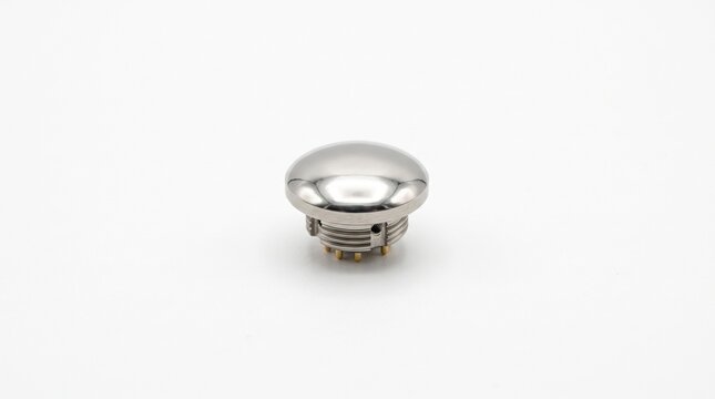 Medical-grade titanium myoelectric prosthetic control sensor electrode dome for advanced biomechatronics and bionic limbs. Macro isolated on white background.