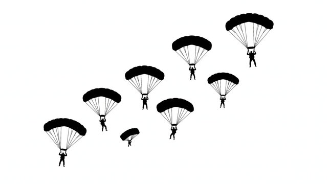 Military paratroopers descending with parachutes silhouette vector