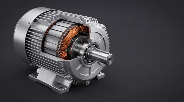 Cross section cutaway of industrial electric motor showing copper wire winding stator rotor shaft bearing and aluminum housing mechanism over dark background