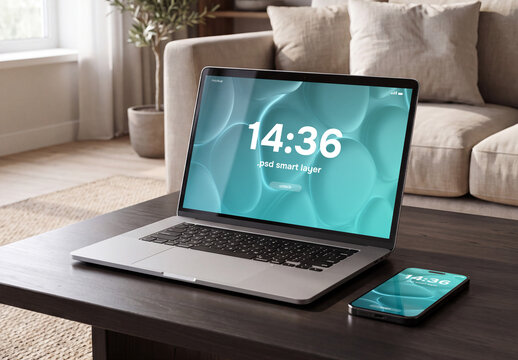 Laptop on table in living room with smartphone mockup