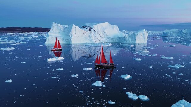 Aerial view of red sailboats navigating through massive icebergs in the calm waters of the Ilulissat Icefjord, Ilulissat, Avannaata Municipalit, Greenland.