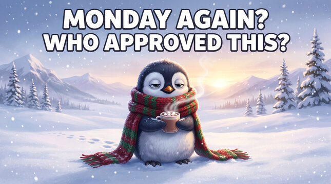Funny Penguin Meme with &ldquo;Monday Again? Who Approved This?&rdquo; in Snow