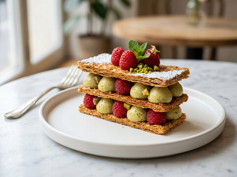 Delicious mille-feuille pastry with fresh raspberries and pistachio cream on a white plate.