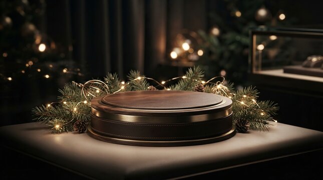 Elegant Round Wooden and Leather Display Podium with Gold Accents for Luxury Watches or Jewelry, Surrounded by Festive Christmas Pine Branches and Sparkling Fairy Lights on a Dark Moody Background