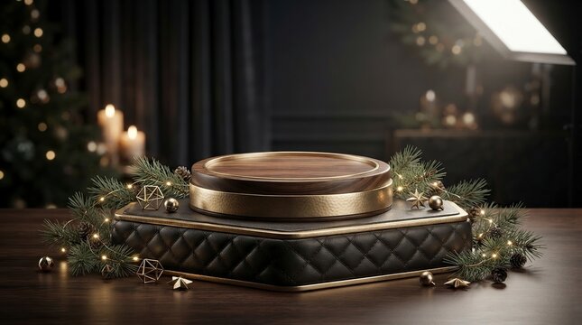 Luxury Christmas watch display podium with wood and gold finish on a black quilted leather base, surrounded by festive pine branches, fairy lights, and holiday ornaments in a cozy room interior