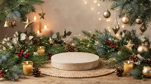 Elegant Stone Wellness Podium Display for Product Presentation Surrounded by Festive Christmas Decorations Pine Branches Gold Ornaments and Warm Candle Lights on a Rustic Wooden Surface