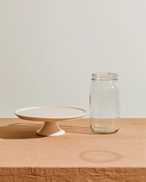 Glass jar and white cake stand on a light wooden table in soft daylight, clean mockup with copy space for tableware and home decor
